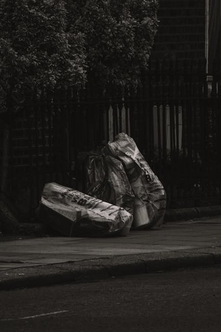 Two large black and white plastic garbage bags and a cardboard box are placed on the pavement next to a black metal fence and dense green shrubbery. The bags appear to contain waste materials, with one bag partially leaning against the fence and the other lying flat on the ground. The cardboard box, which shows visible printed text, is situated close to the bags, possibly used for rubbish collection or disposal. The scene is outdoors, on a city street or residential area, with subdued lighting suggesting an overcast day or early evening. The environment reflects a typical setting where private or independent waste removal services, such as those provided by Rubbish Clearance Harrow, might be employed for rubbish disposal and clearance, especially where there is curbside dumping of waste materials before collection.